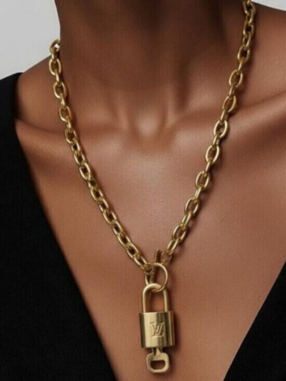Authentic Louis Vuitton Gold Padlock w/Unbranded Stainless Steel Chain Necklace